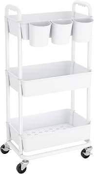JIUYOTREE 3-Tier Plastic Rolling Storage Cart Utility Cart with Extra Hanging Cups Handles Lockable Wheels for Living Room Bathroom Kitchen Office White