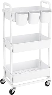3-Tier Plastic Rolling Storage Cart Utility Cart with Extra Hanging Cups Handles Lockable Wheels for Living Room Bathroom Kitchen Office White