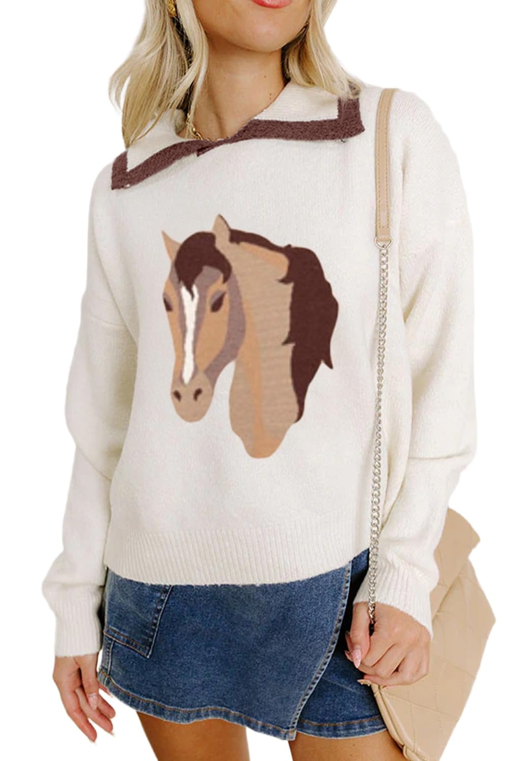 Apvirdy Womens Western Horse Print Sweater Casual Loose Contrast Trim Collared Sweater Long Sleeve Drop Shoulder Sweaters