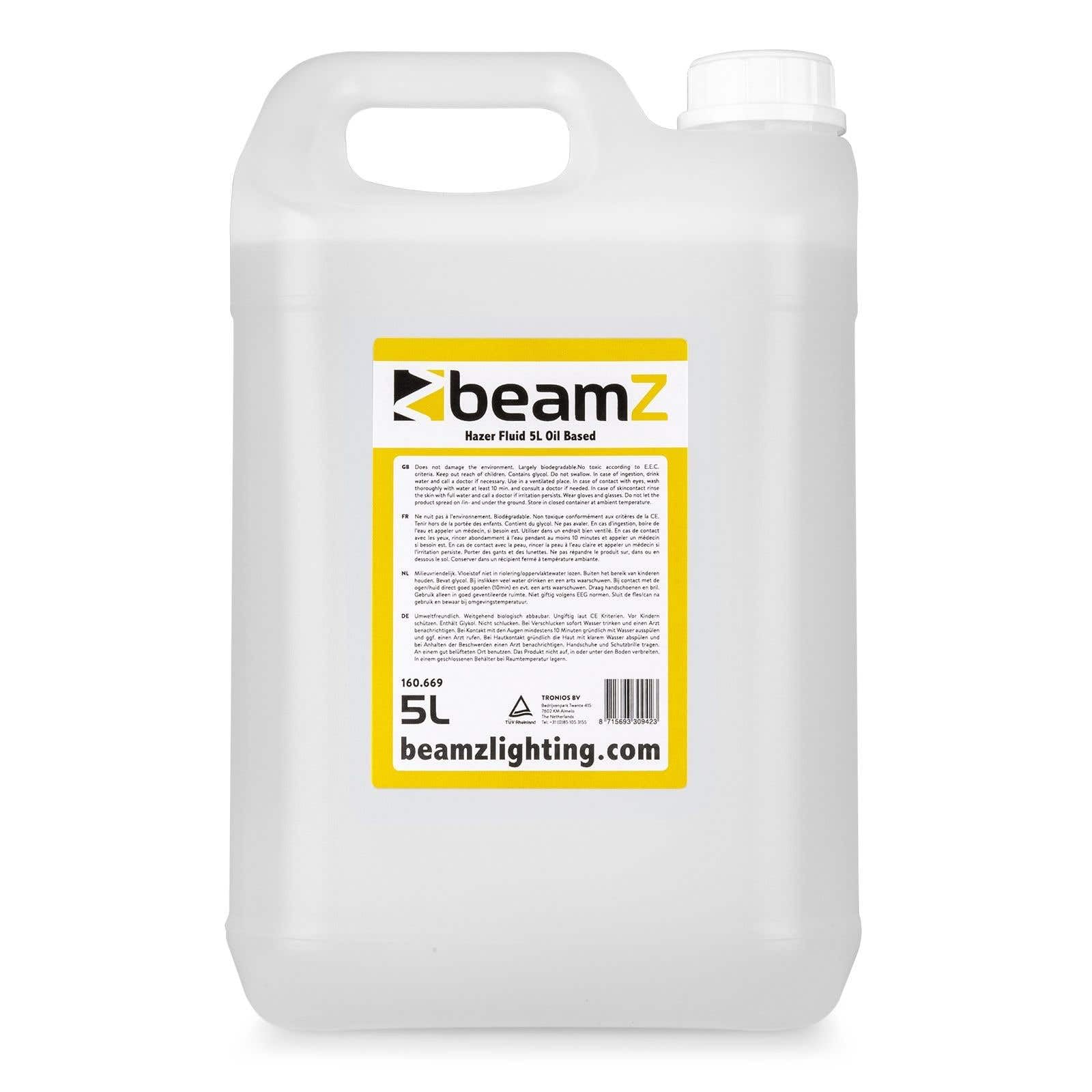 BeamZ FHF50 - Liquido de niebla, Haze Fog Machine Liquid 5L - Líquido a base de aceite, alto rendimiento, incoloro, inodoro y no inflamable, dispersión lenta, Made in EU