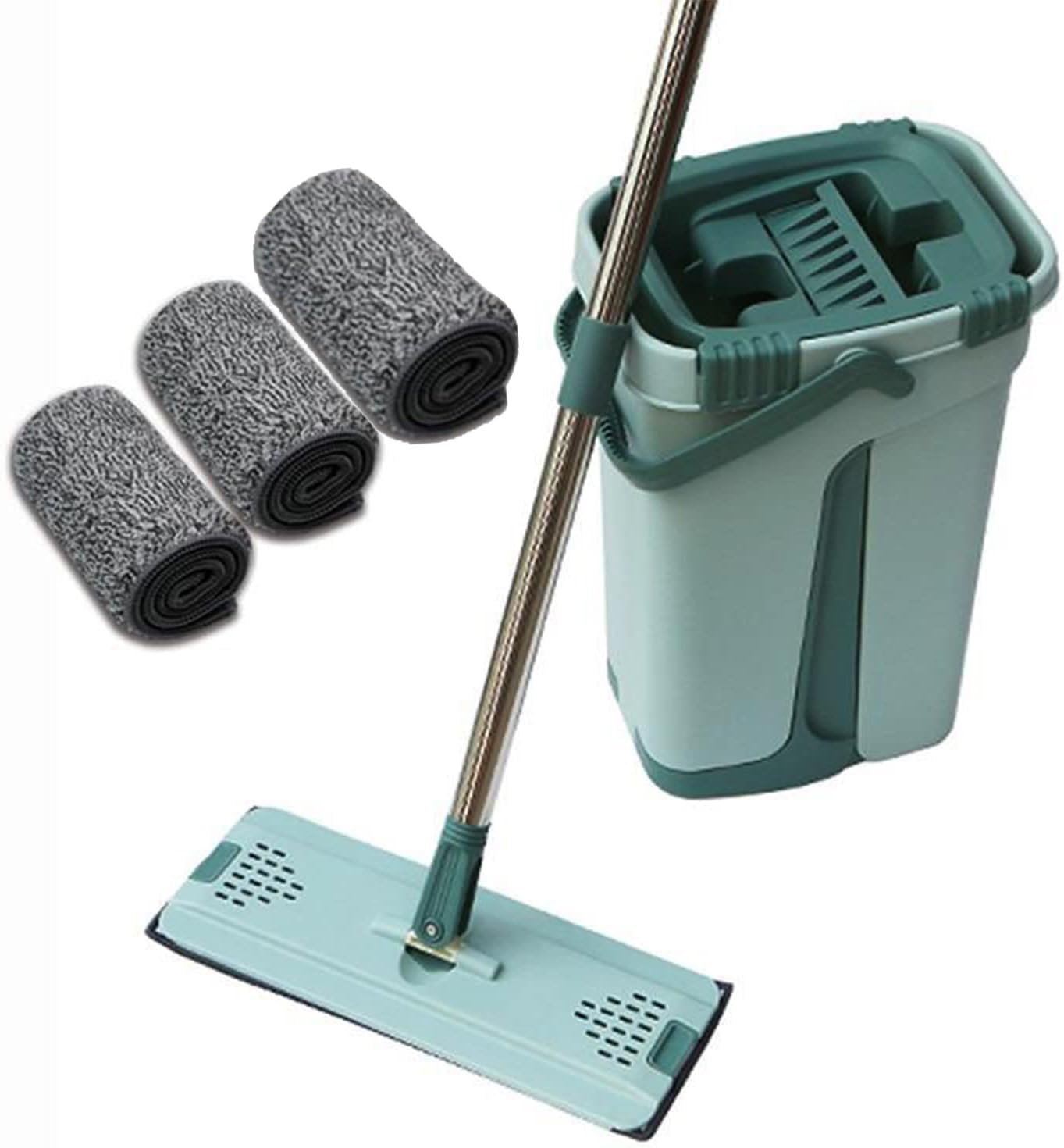 Innovative Self-Wring Flat Mop and Bucket Set For Effortless Cleaning For All Floors | Wet & Dry Use | Stainless Steel Handle | Green | ممسحة ارضية مع دلو