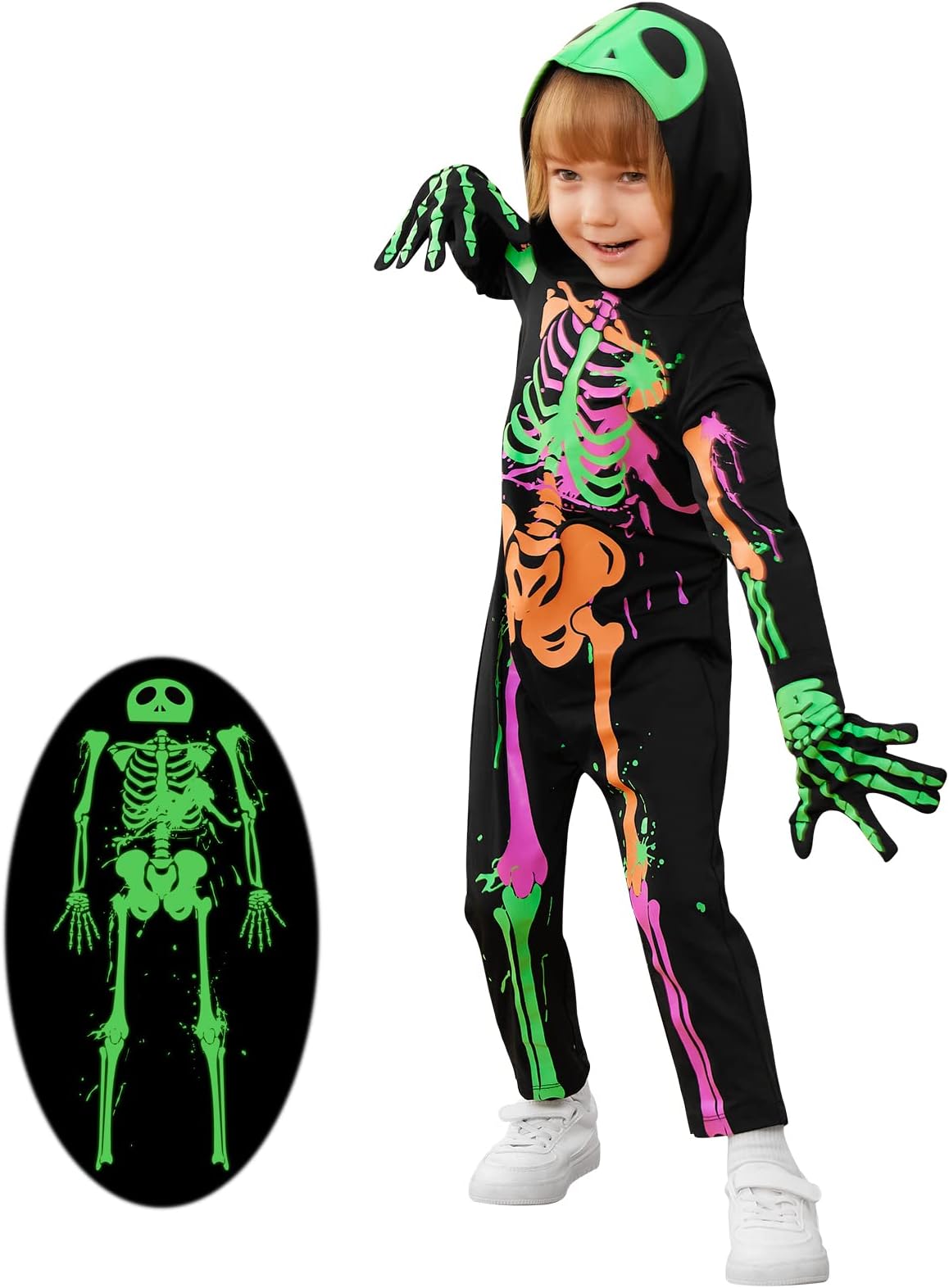 Naiyafly Halloween Skeleton Costumes Kids Boys Girls Glow in The Dark Fancy Dress Costume Hooded Jumpsuit with Gloves for Cosplay Party Carnival Children's Skeleton Bone Bodysuit