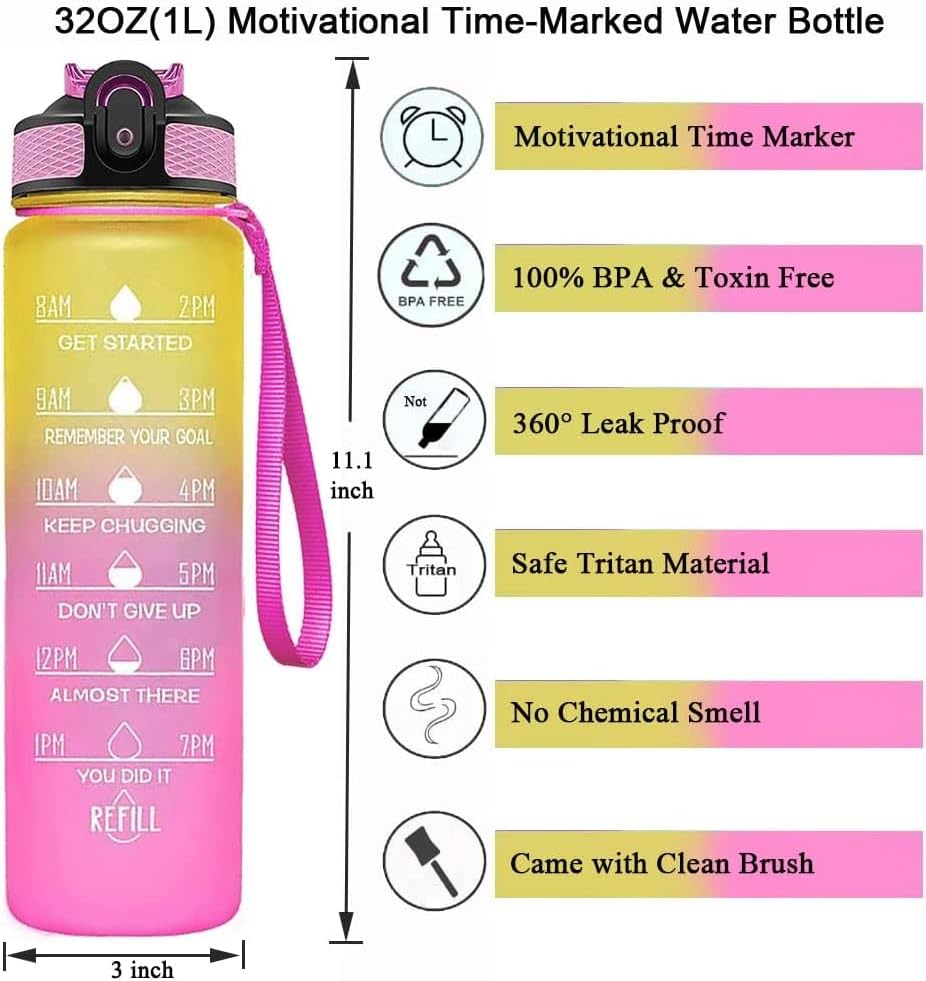 Water Bottle 1000ml with Motivational Time Marker & Straw,1 Litre BPA Free Leakproof Drink Bottles for Outdoor,Cycling,Gym,School Camping(Yellow Pink)