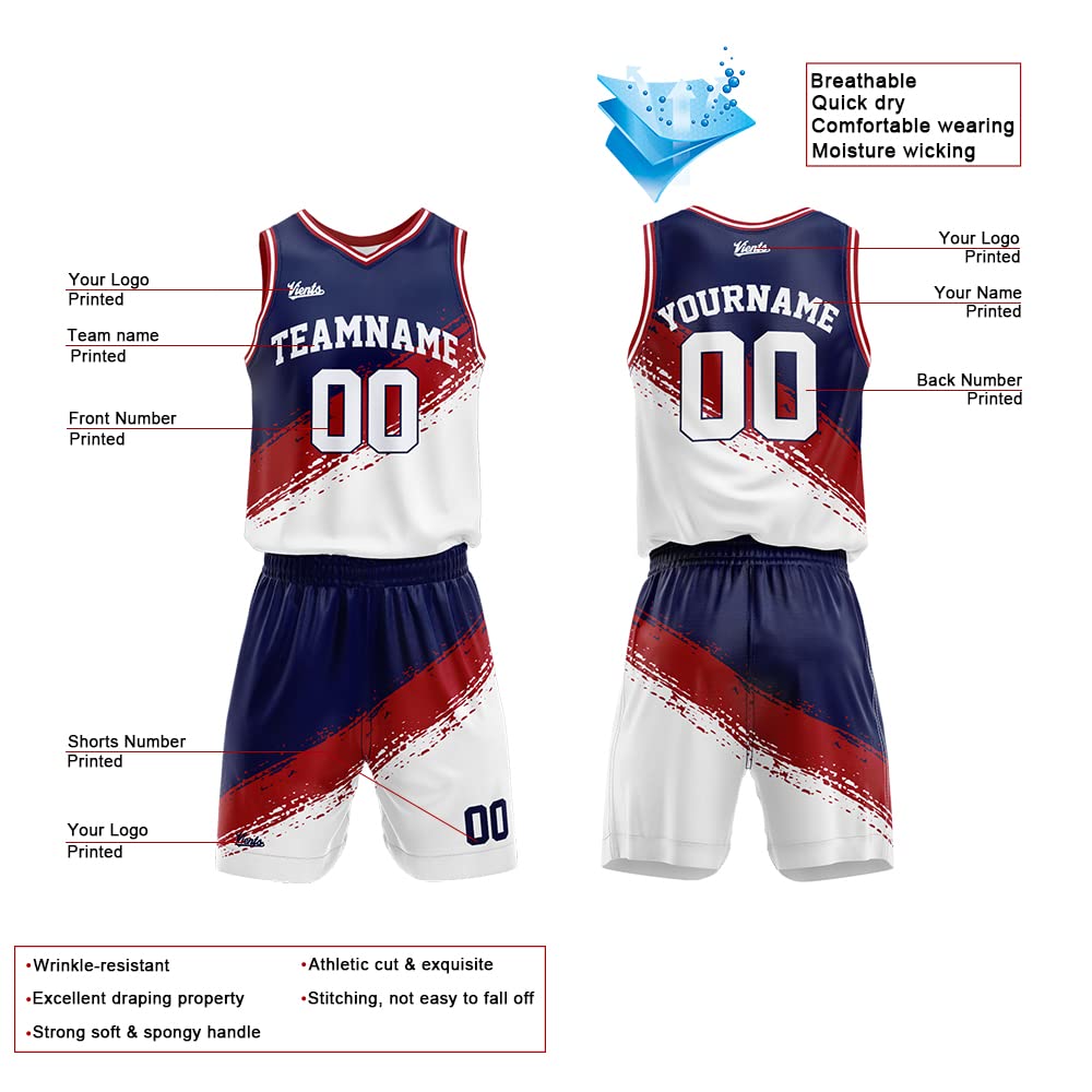 Custom Reversible Basketball Jersey for Man Women Uniform Suit Kids Adults Personalized Jersey (Navy-Red-White)