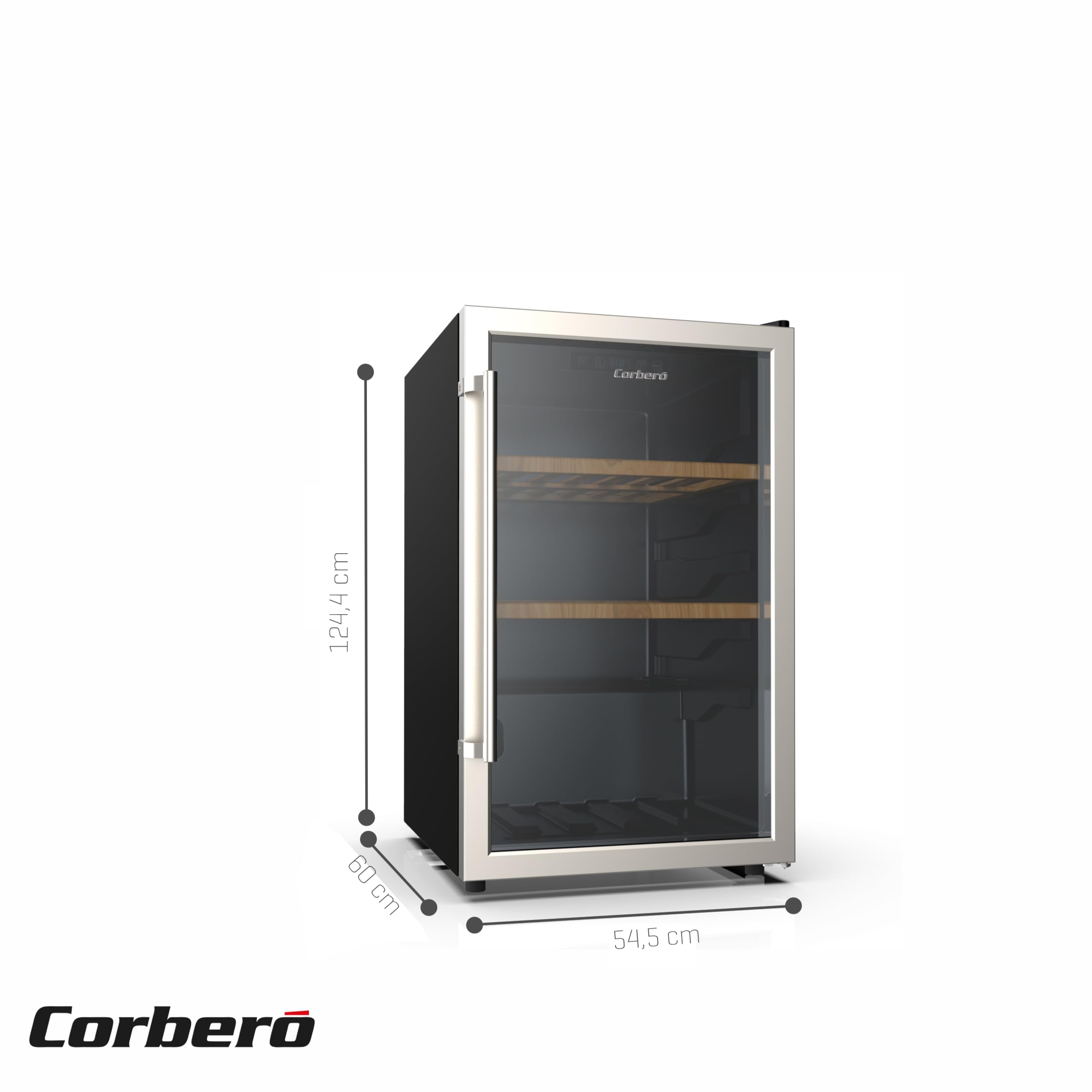 Corberó - Vinoteca CFKWC61SW | 126L | 61 Botellas | Puerta Cristal | Display LED | 2 Estantes Madera | Rango Temperatura 5-20ºC | Nevera para vinos | Negro