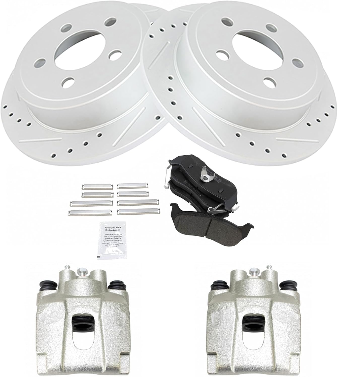 TRQ Rear Brake Pad and Rotor Set Semi Metallic Coated Drilled Slotted Rotors Calipers Compatible with 2003-2007 Jeep Liberty 2003-2006 Wrangler