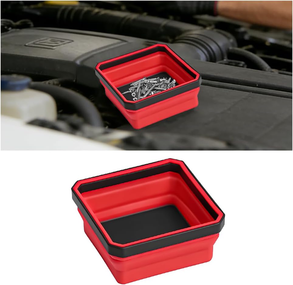 Car Collapsible Magnetic Parts Tray, Foldable Silicone Magnetic Vehicle Tool Tray Organizer for Bolts Screws Nuts, Square Automotive Washers Pins Magnet Bowl, Universal Fit (Red)