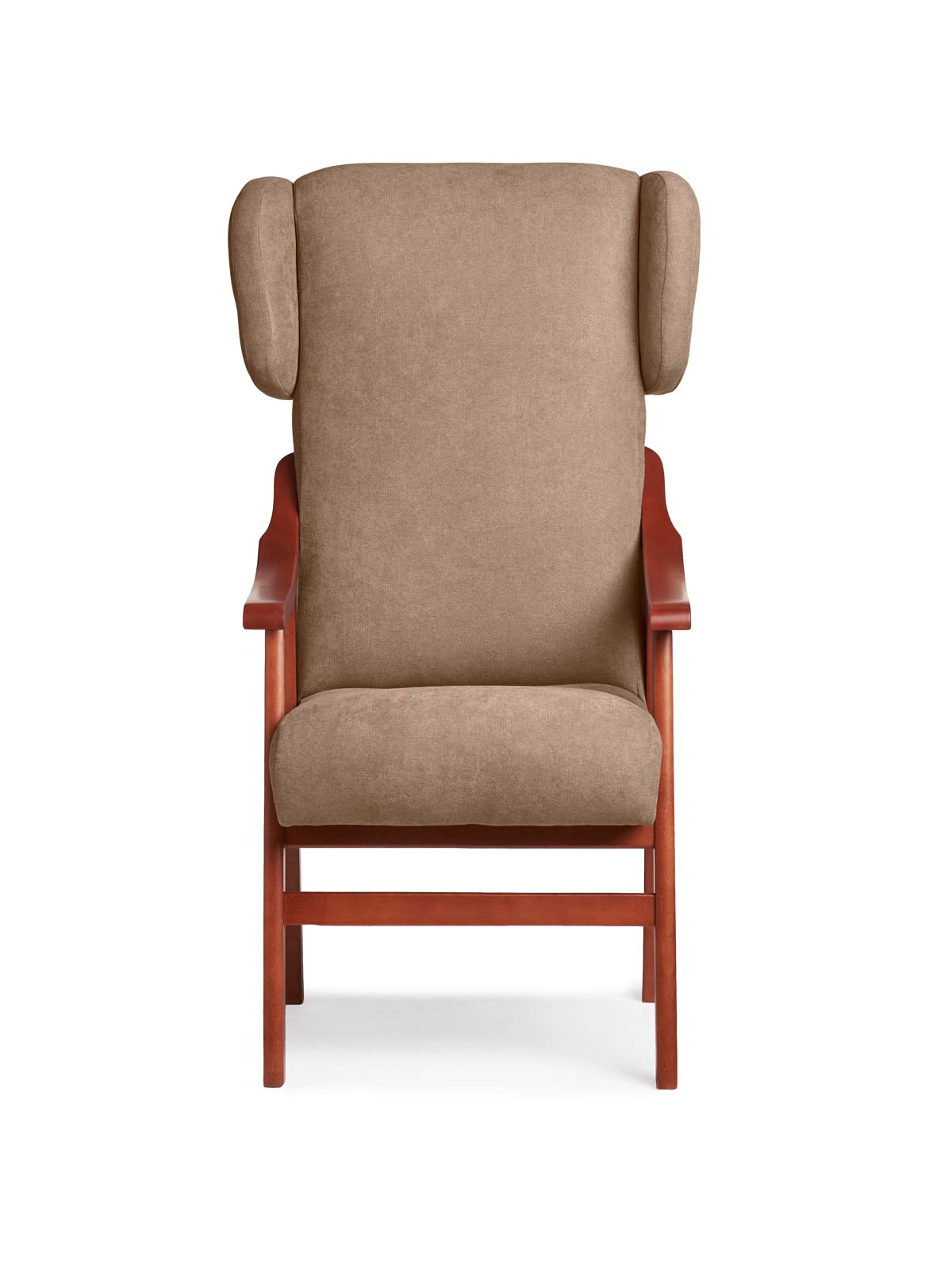 Silla Ergonómica con Brazos y Orejas Apoyacabeza en Madera de Cerezo. Tapizado Antimanchas para Personas Mayores o Geriátrico (115 x 71 x 57 cm) [Tostado]
