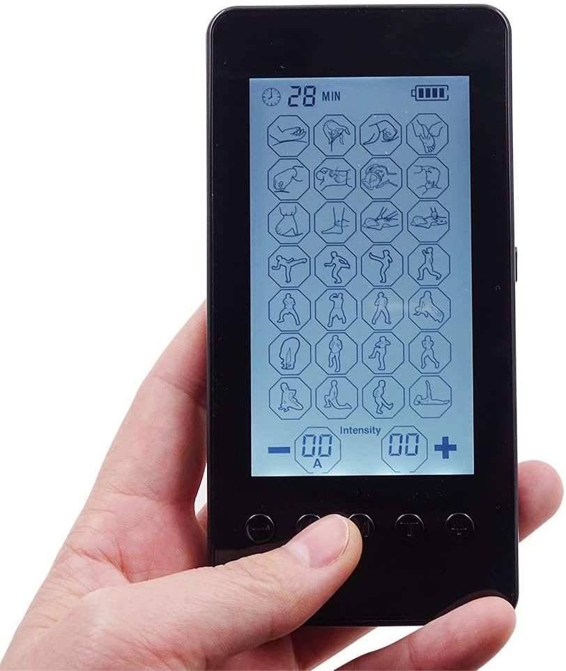 A hand holding the Healcity EMS TENS Muscle Stimulator, showing the detailed LCD screen with various body part icons for mode selection and intensity adjustments.