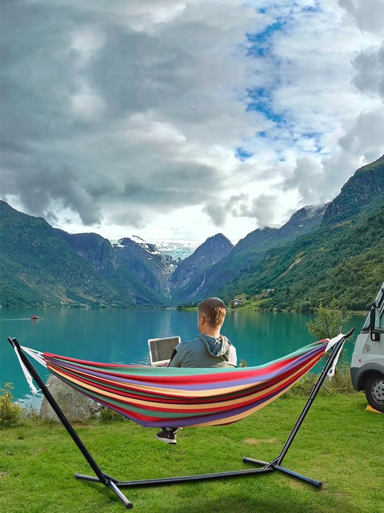 Hammock with Stand, 440lbs Heavy Duty Steel Frame Portable Hammock Combo with Carry Bag, 2 Person Capacity for Indoor Outdoor Patio Camping Red