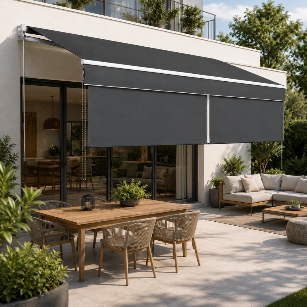 TERRE JARDIN Store Banne Manuel Rétractable 2 en 1 avec Pare-Vue Vertical - Store Extérieur Anti-UV et Déperlant pour Terrasse, Balcon et Jardin - Toile Polyester 240 g/m² - 3 x 2 - Gris
