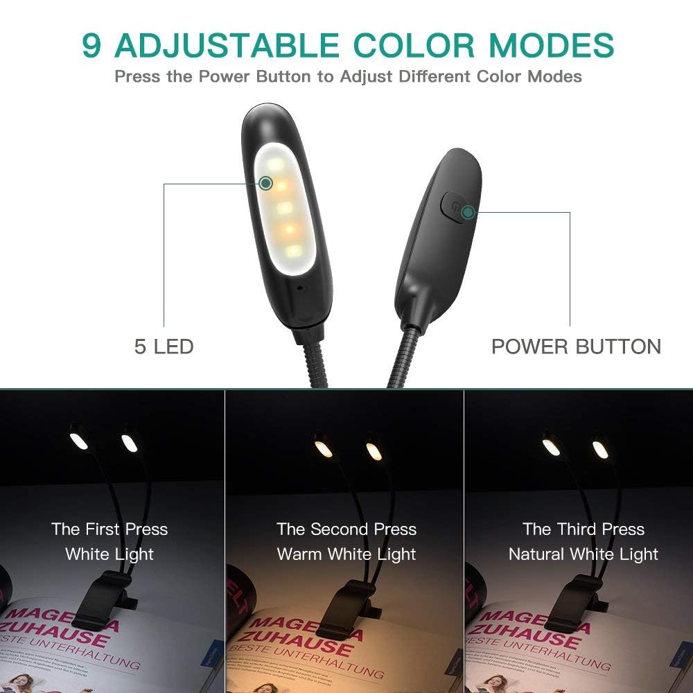Rechargeable Book Light for Reading in Bed, 3 Color×3 Brightness Eye-Protecting Modes, Clip on Reading lamp, Long Battery Life, 4-Level Power Indicator, Book Lamp for Kids,Studying