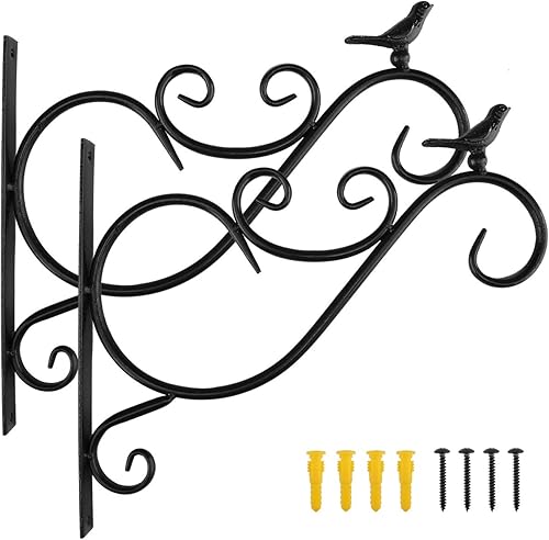 Miniatura 9 de Lewondr Soporte para plantas para colgar en la pared, paquete de 2 ganchos retro de hierro Shepard de 12 pulgadas para comedero de pájaros y flores,