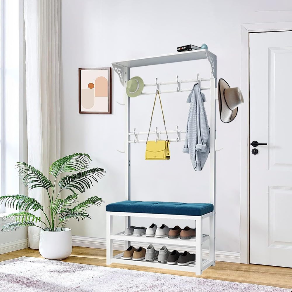 MYUYEE Metal Coat Stand With Shoe Racks And Hooks Industrial Hall Tree With Bench Free Standing Coat Rack Stand H:172Cm For Entryway Hallway Living Room Bedroom(A-100Cm)