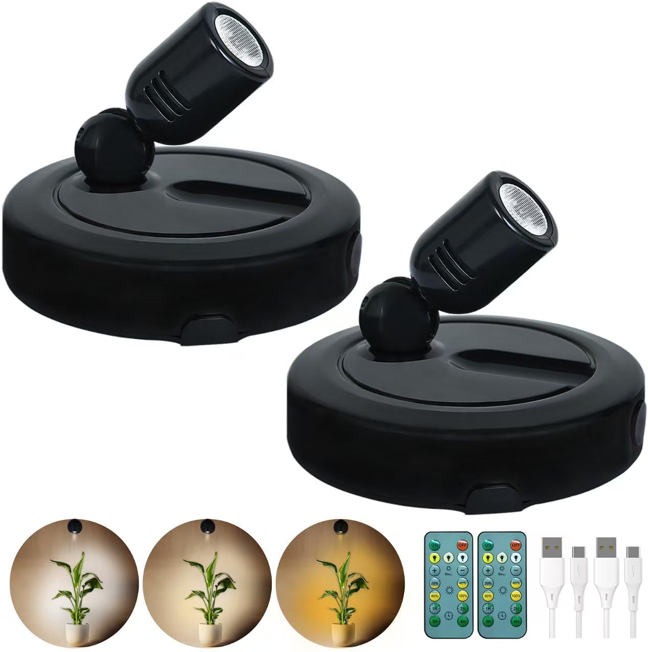 Rechargeable Spotlight, Indoor LED Spot Picture Lights for Plants | 3 Color Temperatures, Remote Control, Battery Operated Uplights for Wall Frame Dartboard Art Painting Display Accent, 2Pack
