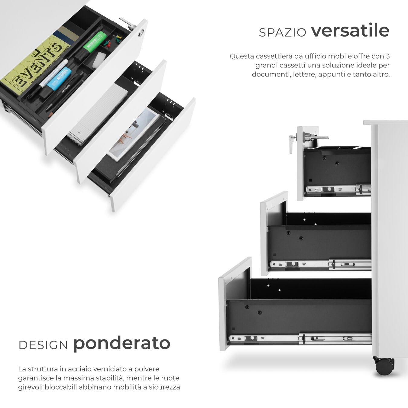 tectake® Armadietto Per Archivio Pratiche con Rotelle, Mobile Porta Documenti 3 Cassetti, 1 Porta Fascicoli, Mobile Salvaspazio, Armadio con Serratura Chiave, Armadio Ufficio Multiuso - Bianco