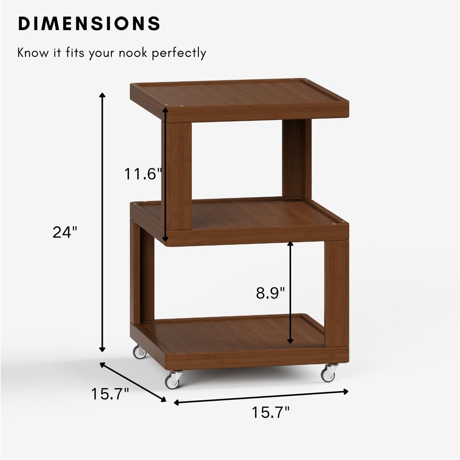 ZIYOO 3-Tier Solid Wood Mobile Side Table with Wheels, Wooden Night Stand, Unique Floating Design Storage Organizer for Bedroom, Living Room, Small Spaces, Walnut