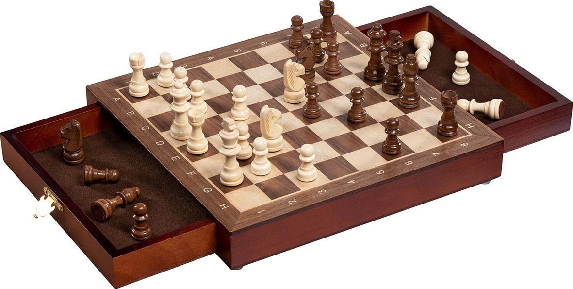 Magnetisches Schachspiel mit Schubladen: 25 x 25 x 3,3 cm,Holz,Feldgröße 2,7x2,7cm, 32 Figuren