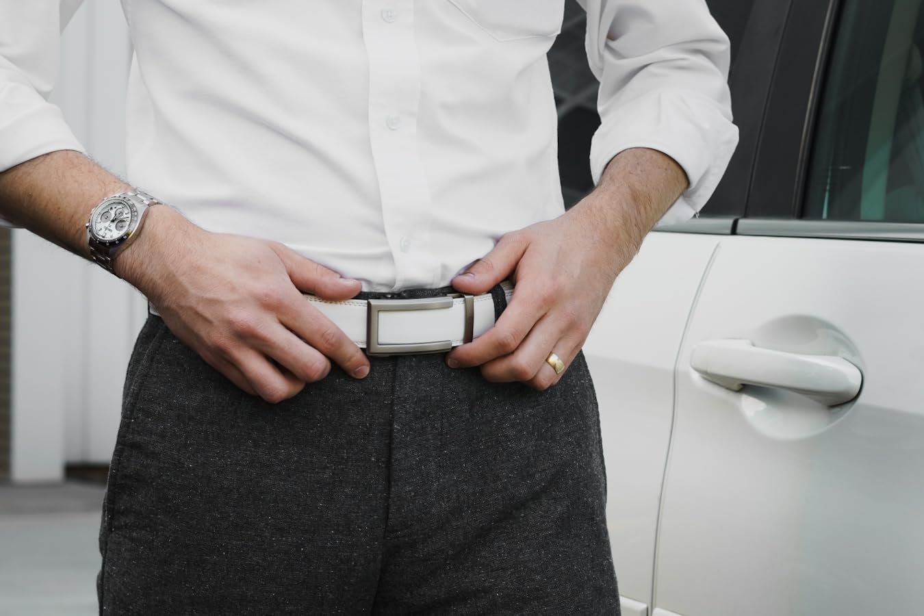 Tonywell White Belt Men, Ratchet Belt, Mens Leather Dress Belt, Comfort Click Buckle, Slide Belts 1 3/8
