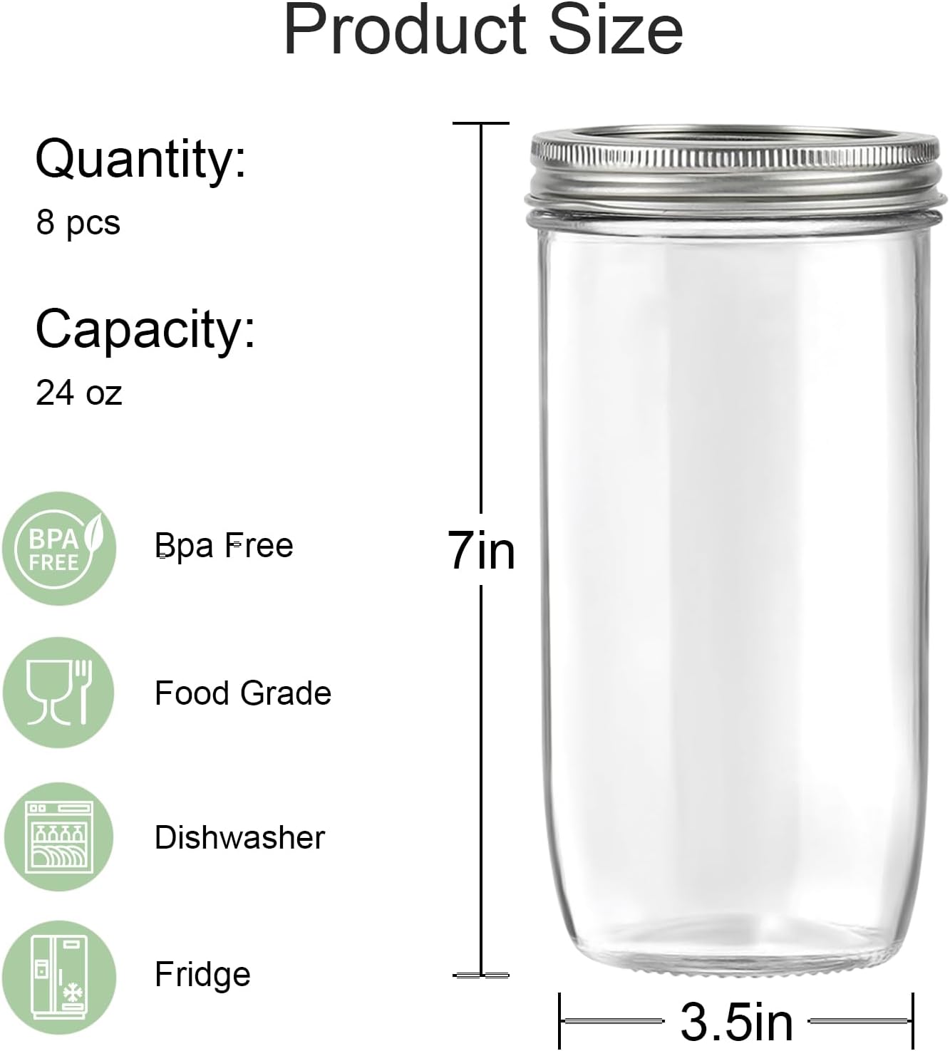 24 OZ Mason Jars Wide Mouth with Airght Lids, 24OZ Tall Glass Storage Canning Jar, Safe Preserving Food or Pickle, Pack of 12
