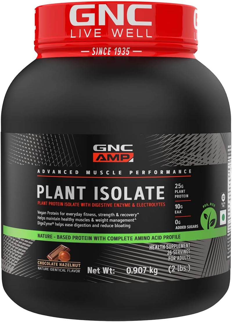 GNC AMP Plant Isolate Protein | 2 lbs | 26 Servings| Vegan Protein | Lactose Free & Soy Free |DigeZyme For Easy Digestion | Active Lifestyle | Healthy Muscles| Chocolate Hazelnut | 907 gm