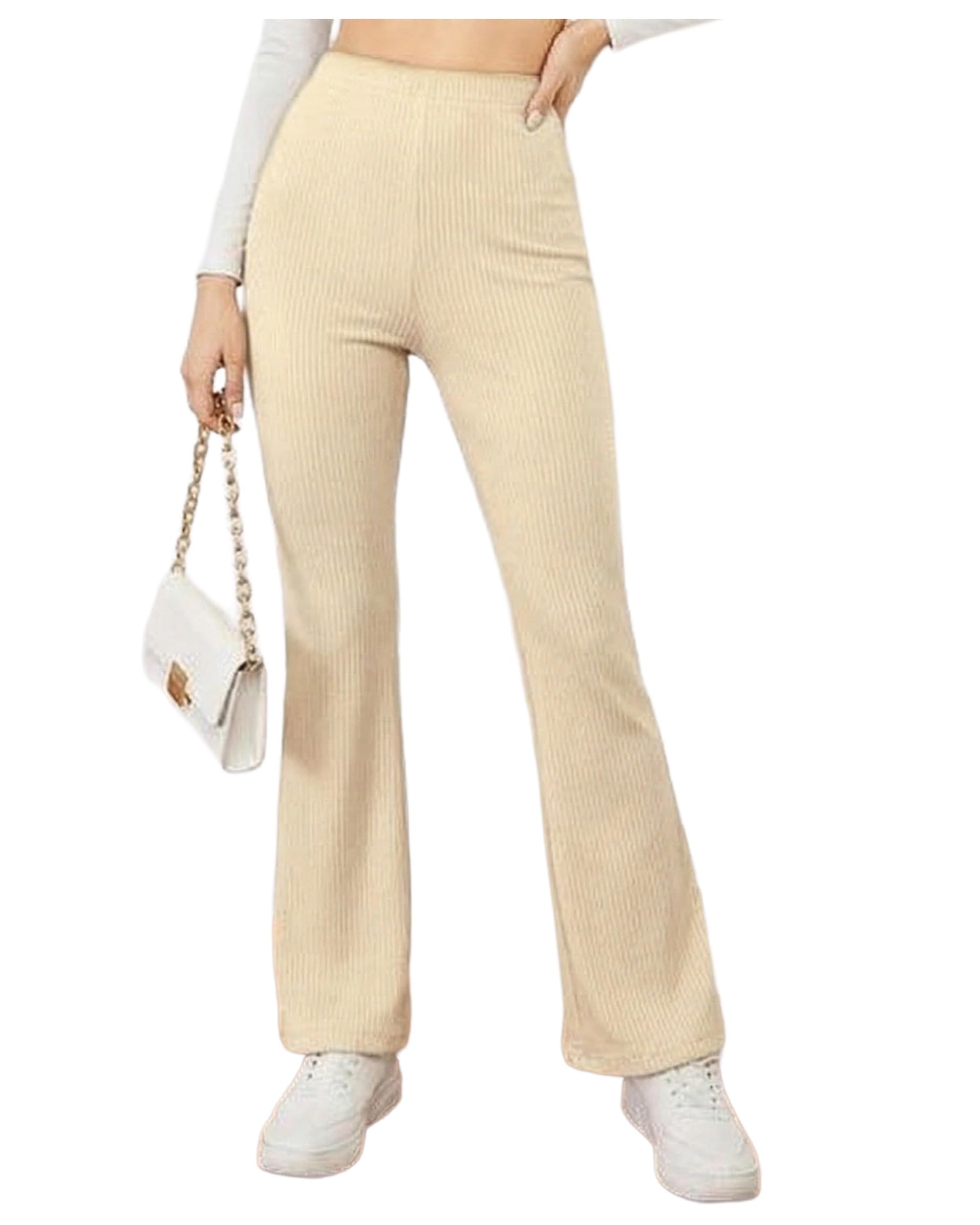 GoSriKi Women Flared Pants | Spandex Ribbed High Waist Trousers for Women | Stretchable Bell Bottom Casual Bottom | Stylish Office & Daily Pants in neutral