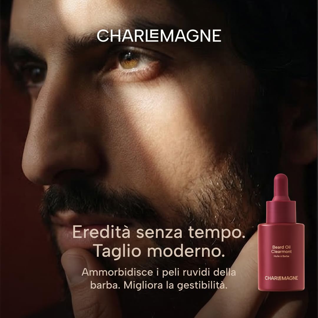 Charlemagne Olio Barba per Uomo – 30 ml, Clearmont | Profumo Minimalista – Olio Barba Premium, Ammorbidente e Idratante – Olio di Argan, Jojoba – Allevia il Prurito, Ammorbidisce Peli Irsuti