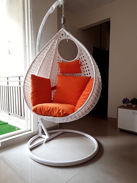 Prime Pigeon Outdoor/Indoor/Balcony/Garden/Patio/Hanging Swing Chair with Stand and Cushion & Hook/Color (White&Orange)