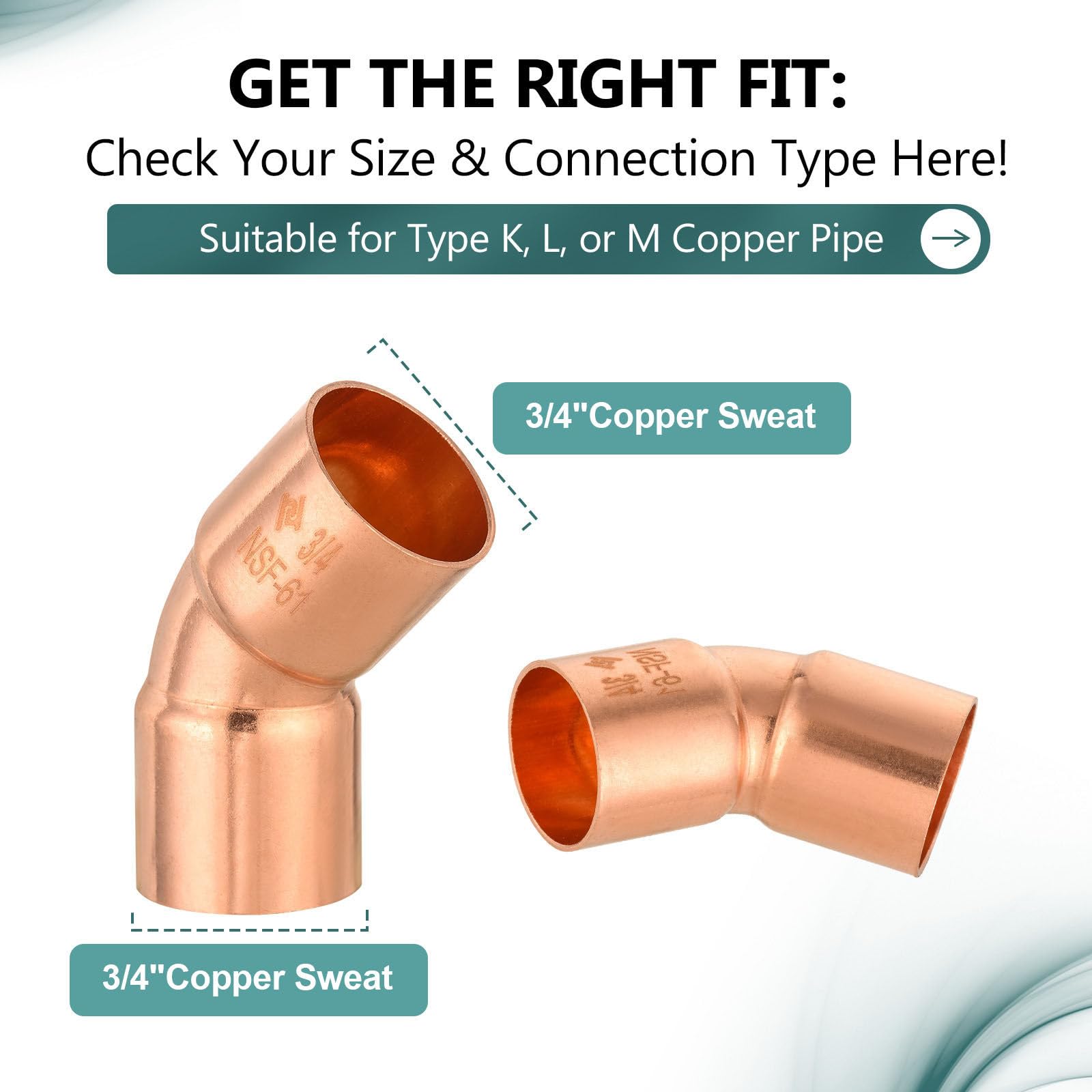 Confezione da 10 raccordi a gomito in rame da 3/4" C x 3/4" C, con connessione a saldatura a sudore, raccordi idraulici in rame a raggio corto di 45° LF, per uso domestico e commerciale