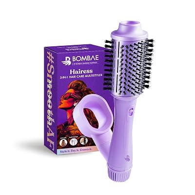 BOMBAE Hairess lonic 3-in-1 Hot Air Brush Dryer, Curl, Volumizer & Straightener | 1200W Power, Ceramic-Coated, 360° Airf
