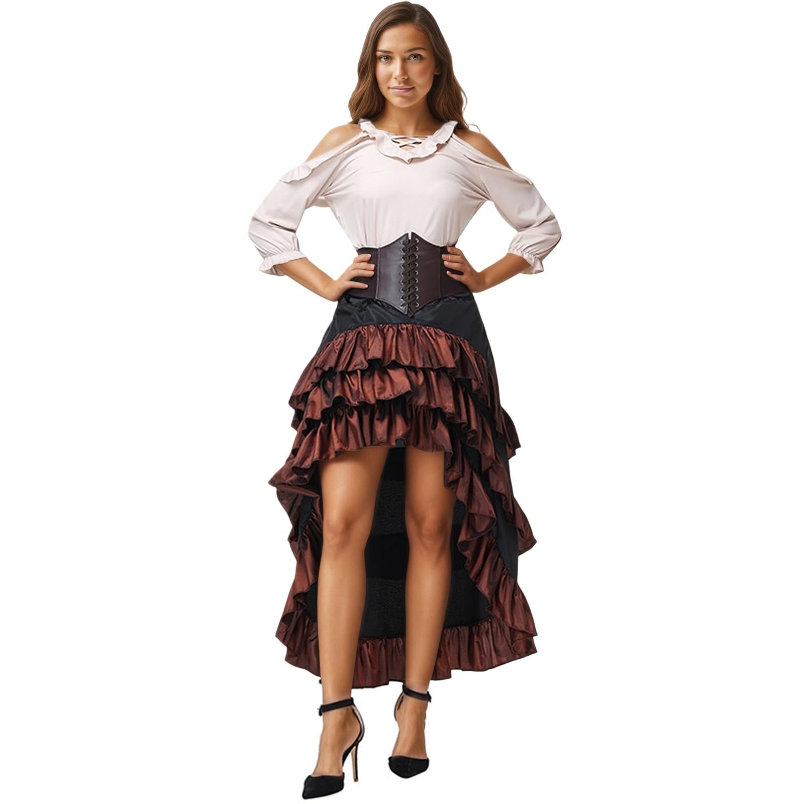 Piratenkostüm Damen Rock Mittelalter Kleid Rüschen Vorne Kurz und Hinten Lang Wikinger Kostüm Lange Ärmel Vintage Steampunk Gothic Röcke Faschingskostüm für Oktoberfest Halloween Karneval Cosplay