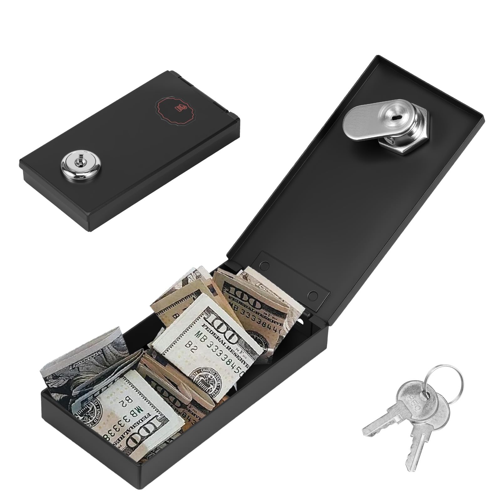 Black Metal Box for Gambler Small Cash Box with Lock Key Pocket Sized for Money Cash with 2 Keys