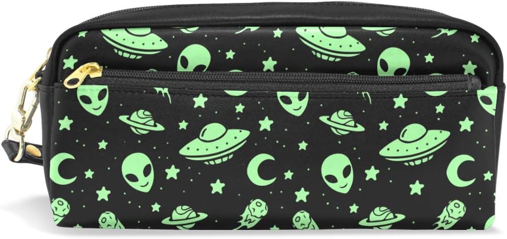 Green Alien Moon UFO Leather Pen Pencil Case Makeup Pouch Bag Cosmetic Travel School Bag