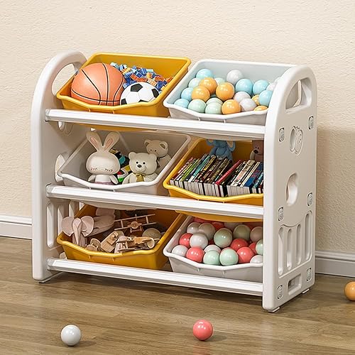 Organizador de almacenamiento de juguetes para niños, estantes de 3 niveles, organizador de almacenamiento multifuncional para niños con 6