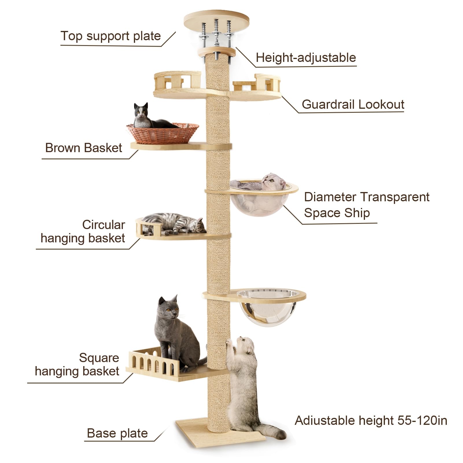 Árbol para gatos, suelo hasta techo, altura ajustable, poste rascador de cáñamo de 6 niveles, árbol de actividad para gatos alto y estable, rascador de gato interior según peso 20-30 kg, 2-3 gatos