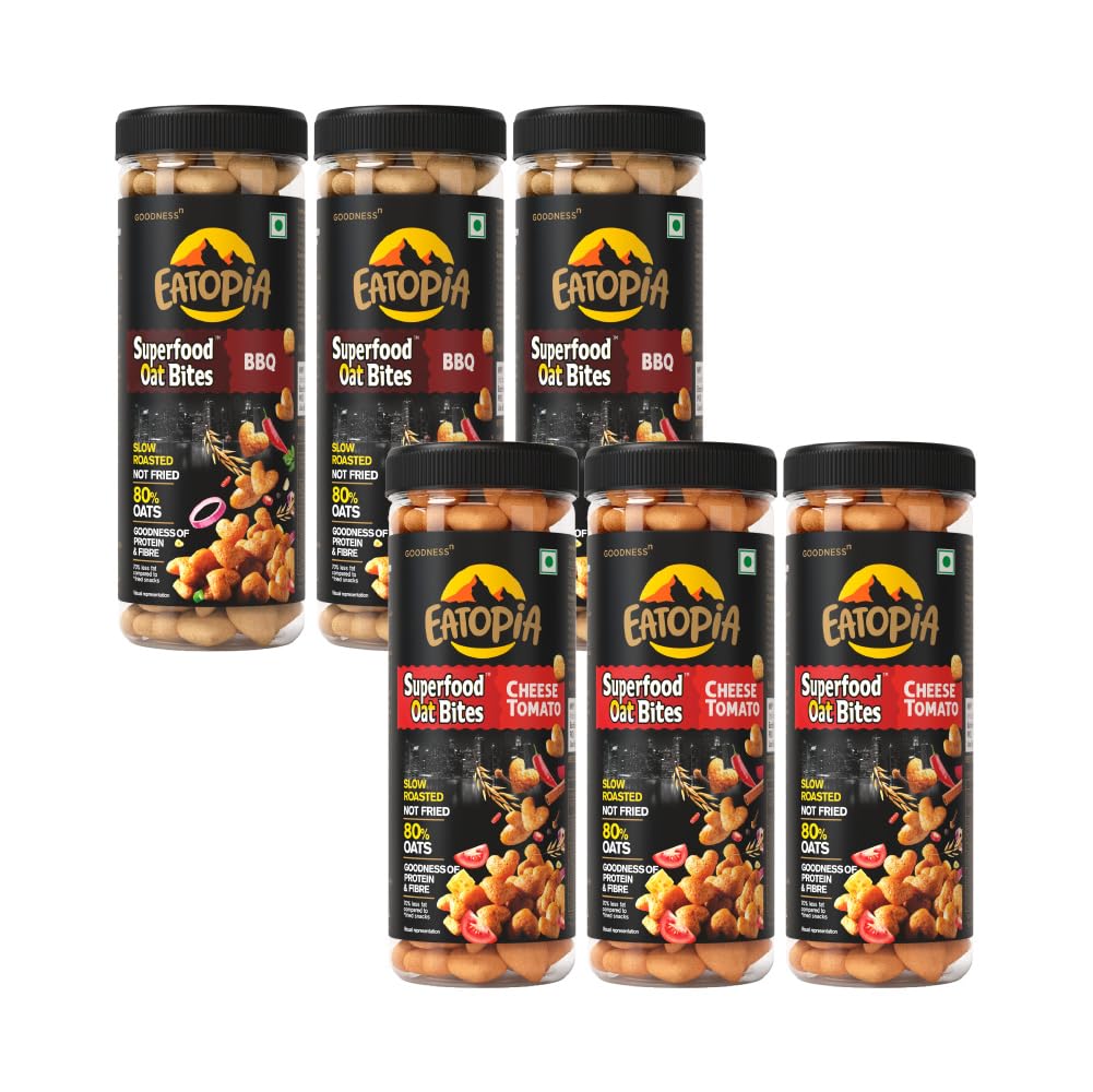 Eatopia 3 BBQ & 3 Cheese Tomato Oat Bites | No Maida, Non-GMO, Not fried, Whole Grain | Gluten Free Oats | High Protein & Fiber | Healthy Diabetic Snacks | Healthy Snacks for Weight Loss | Pack of 6 (Pet Jar)