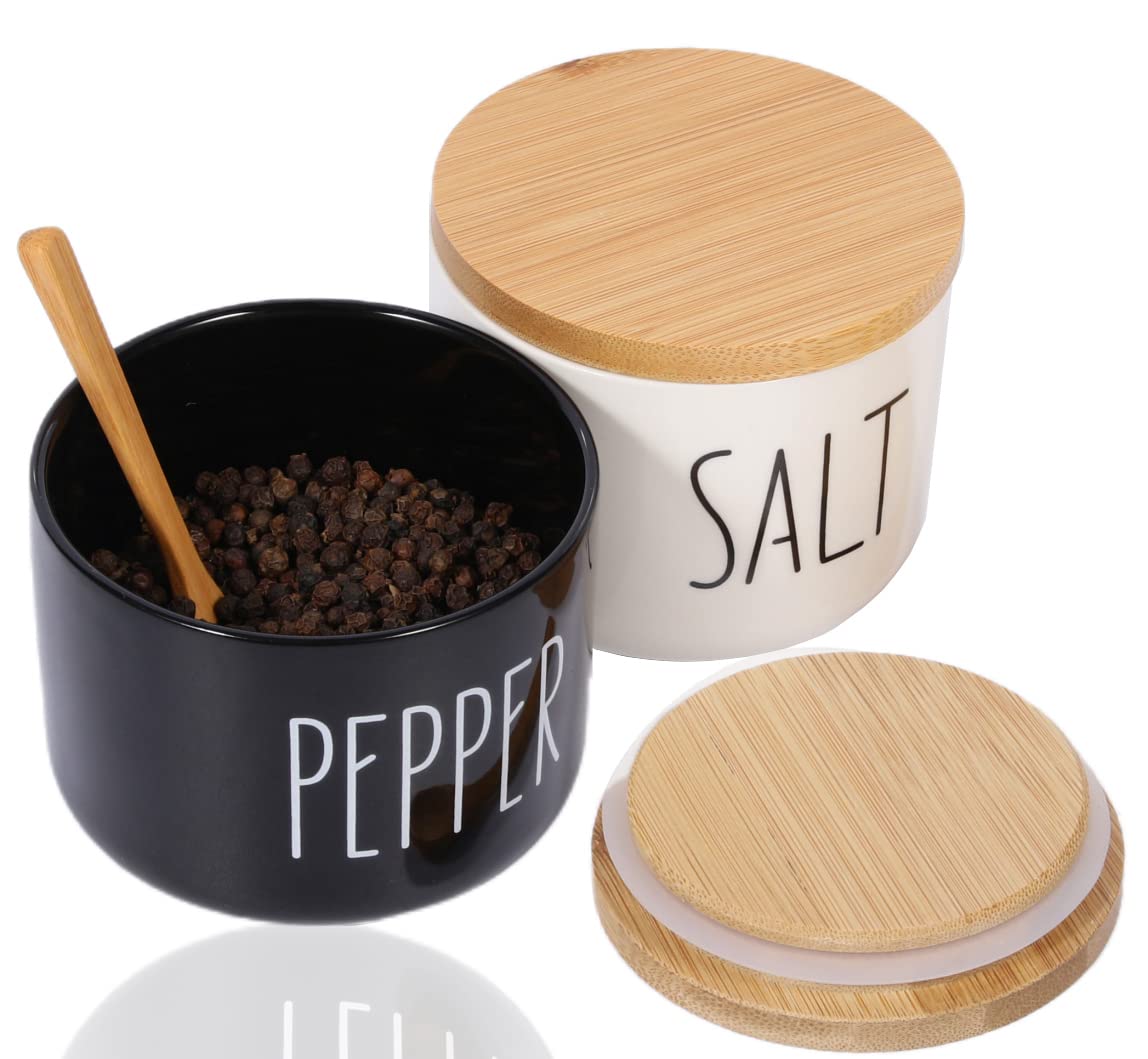 Farmhouse Salt And Pepper Bowls,Stacked Ceramic Salt Cellar With Bamboo Lid, Salt Container With Lid Spoon, Modern Farmhouse Kitchen Decor, Spice Box（Darker Black & White）
