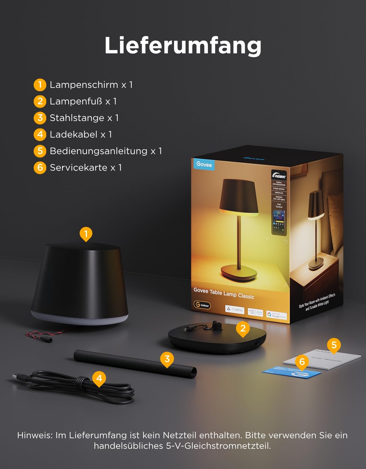 Govee Tischlampe Kabellos Akku, RGBICWW Tischleuchte Kompatibel mit Matter Alexa, 500lm Nachttischlampe Dimmbar mit 4800mAh Wiederaufladbar, 72 Szenen, 2700K-6500K für Wohzimmer Esszimmer Schalfzimmer