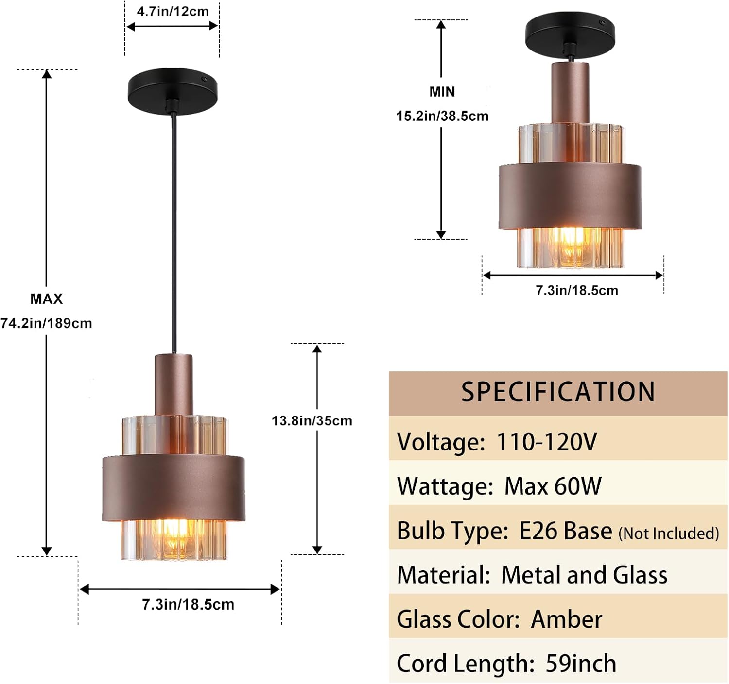 Modern Pendant Light Kitchen Island, 7.3" Mini Hanging Lamp Over Sink, Adjustable Cord Chandelier Ceiling Lighting Fixtures with Amber Glass Lampshade
