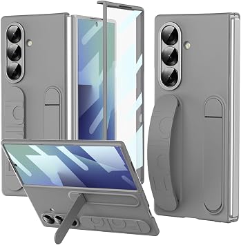 for Samsung Galaxy Z Fold 7 Case with Finger Strap, Full-Body Slim Phone Case with Kickstand Screen Protector Raised Edge Protection Women Girls Hand Strap Grip Cover Case for Z Fold 7 Grey