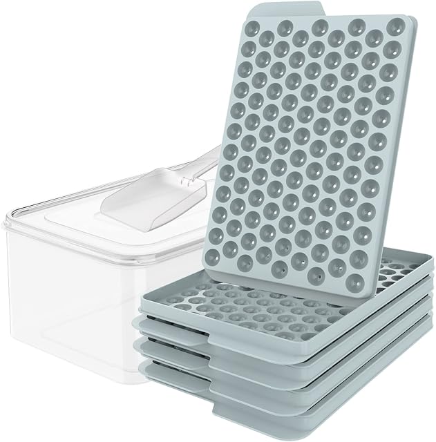 WIBIMEN Mini Ice Cube Trays, Upgraded Small Ice Cube Trays Easy Release, 104x4 PCS Tiny Ice Cube Tray Crushed Ice Tray for Chilling Drinks Coffee Juice(4Pack Blue Ice trays & Ice Bin & Ice Scoop)