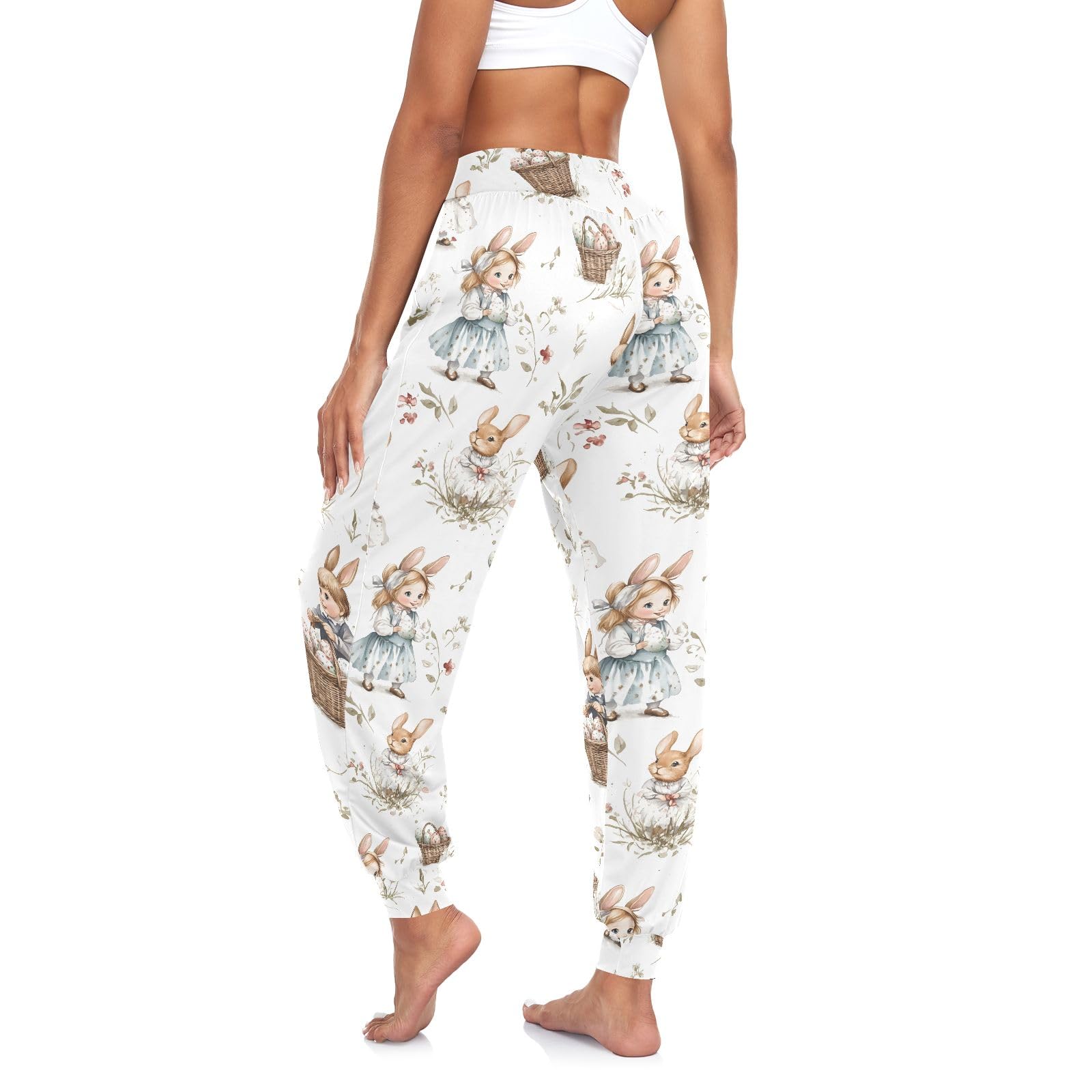 CHIFIGNO Vintage Easter Rabbits Flowers Women's Joggers Sport Workout Pants Lightweight Summer Pants, M