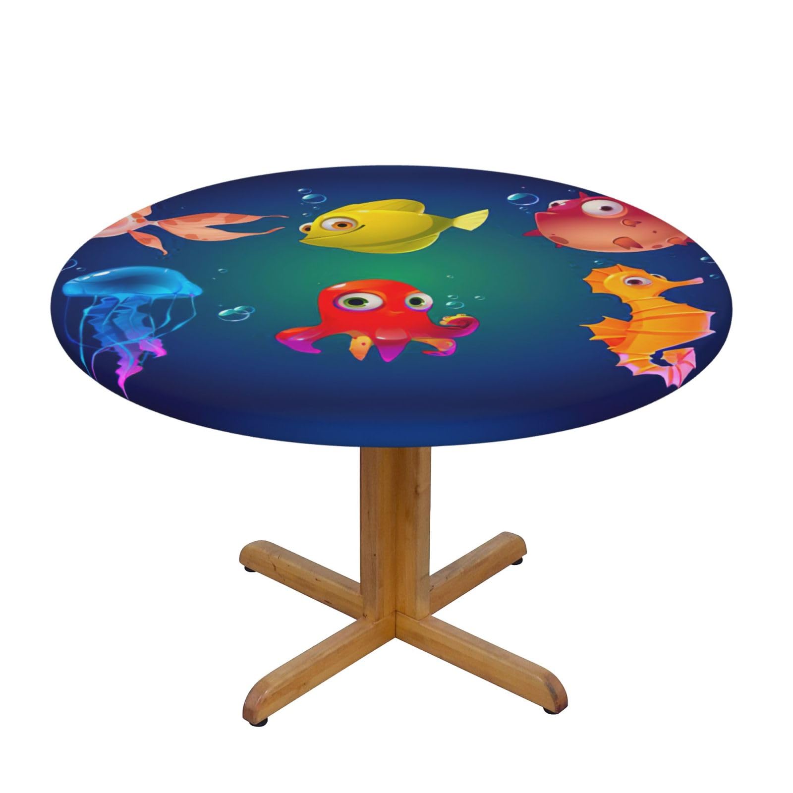 DUWAA Marine Sea Life Print Oxford Fitted Table Cover For Patio Picnic, Waterproof Round Tablecloth For Home And Outdoor