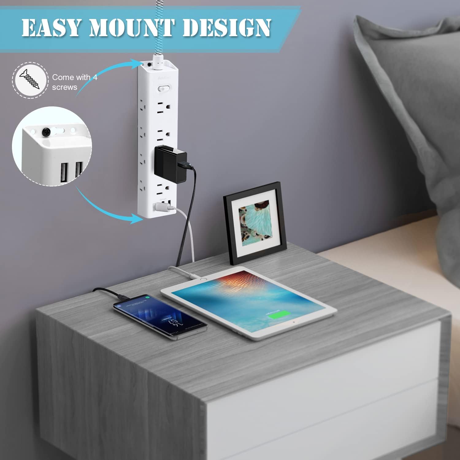 Surge Protector Power Strip, Addtam 3-Side Outlet Extender Strip with Long Extension Cord, Wall Mount for Dorm Home Office, ETL Listed