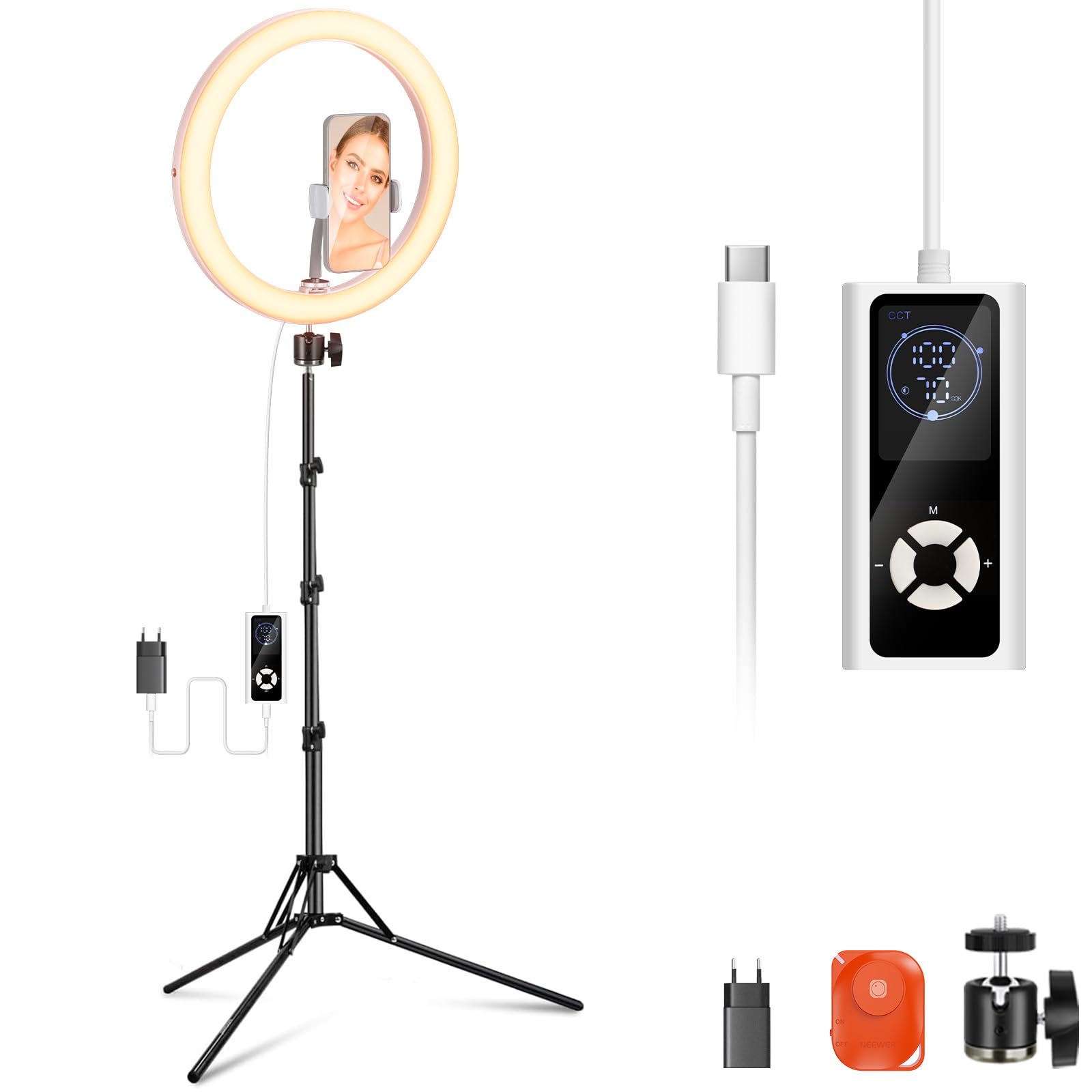 NEEWER RH12B Pro LED Ring Light Potente da 30W 12" con Treppiede 71" Compatibile con iPhone, Luce Circolare per Selfie Bicolore 3290lux con Porta Telefono per Video Trucco Streaming, 2900-7000K CRI97+