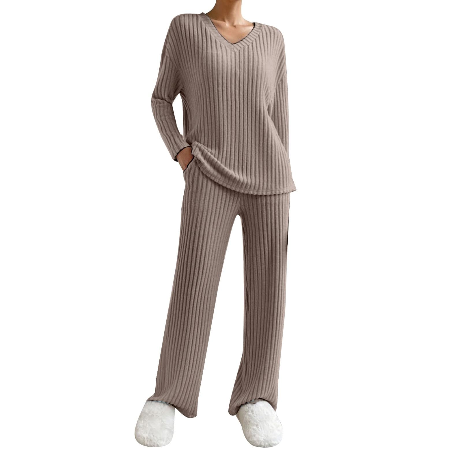 Women's Loungewear Sets Autumn and Winter Striped Knitted Suit Loose Casual  Wide Leg Pants and V-Neck Pullover Sweater Top Solid Color Oversized