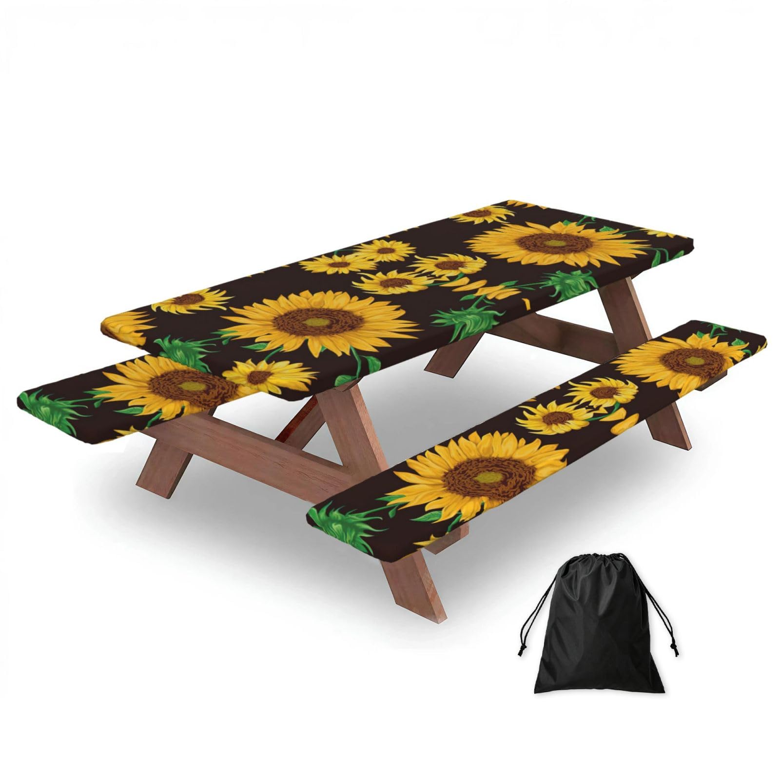 Zyjhyy Black Beautiful Sunflower. Print Party Table Covers With Bench Covers Set Of 3 Picnic Table Cloth Wipe Clean For Garden Camping