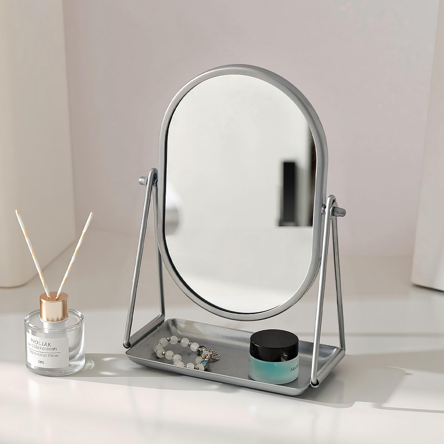 Small Vanity Makeup Mirror for Desk with Metal Stand Tabletop Makeup Oval Mirrors 360 Degree Swivel Portable Cosmetic Mirror for Travel Bedroom, Office, Dresser, Countertop