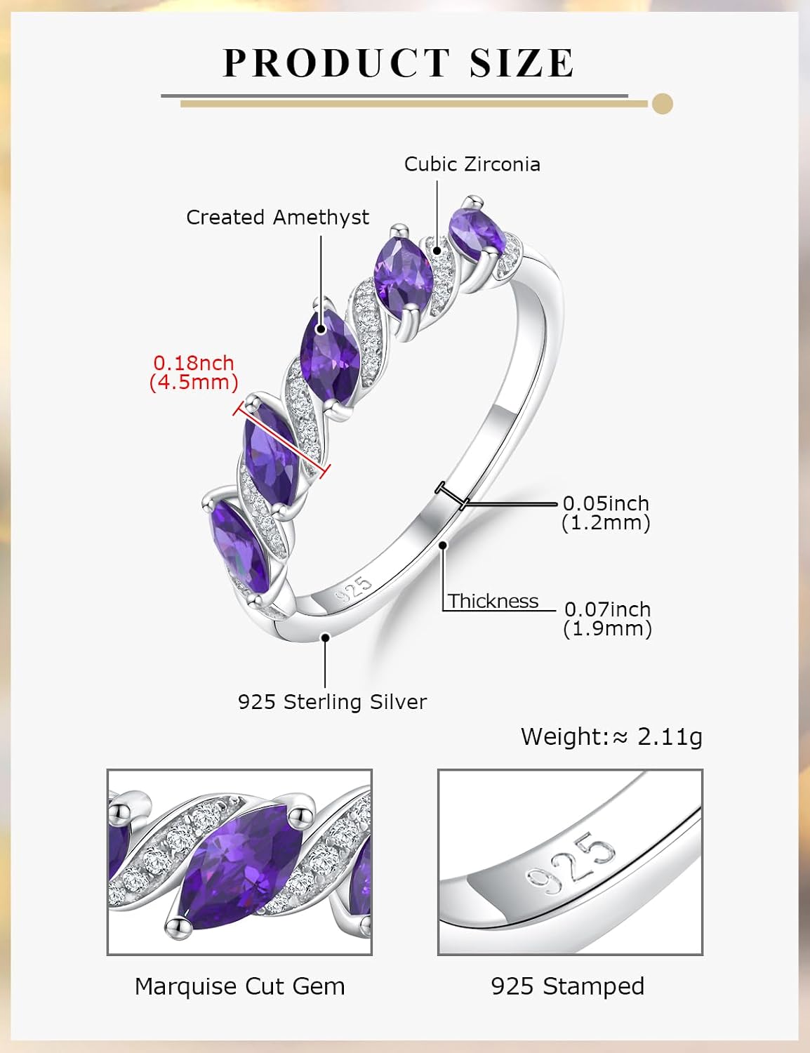 Women's Eternity Rings Sterling Silver Sapphire/Ruby/Emerald/Aquamarine/Amethyst Marquise Wedding Band Stackable Birthstone Rings Size 6-10