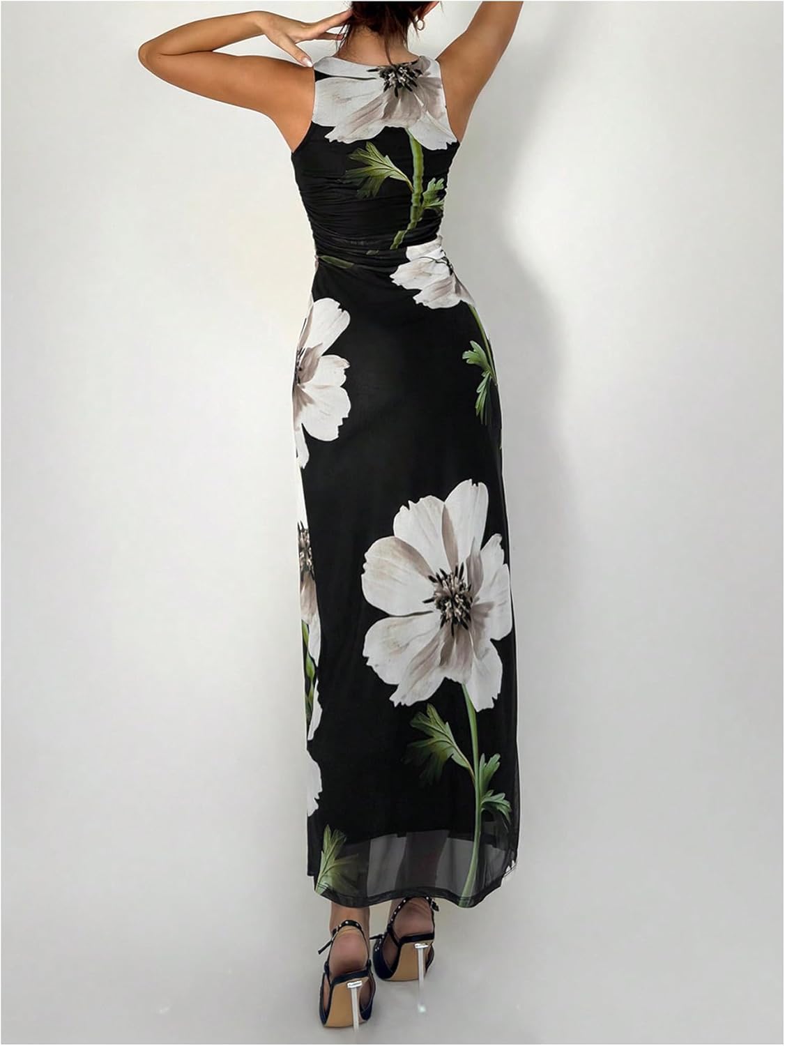 Women's Floral Maxi Dress Crew Neck Sleeveless Ruched Bodycon Mesh Formal Wedding Guest Dresses - Image 2